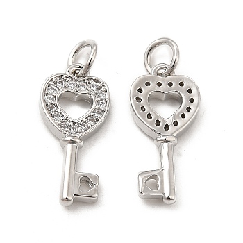 Brass Micro Pave Clear Cubic Zirconia Pendants, with Jump Ring, Heart Key Charm, Platinum, 17.5x8x2.5mm, Hole: 3.5mm