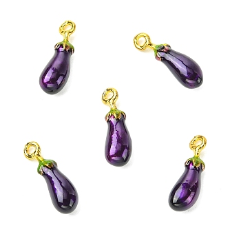 5Pcs Alloy Enamel Pendants, Eggplant Charms, Golden, Purple, 20x6.5x5.5mm, Hole: 1.5~1.6mm