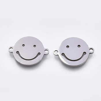 201 Stainless Steel Links connectors, Laser Cut Links, Flat Round with Smiling Face, Stainless Steel Color, 12.5x16.5x1mm, Hole: 1.5mm
