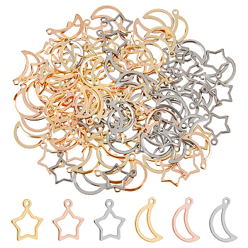 DICOSMETIC 120Pcs 6 Style 304 Stainless Steel Pendants, Moon/Star, Mixed Color, 12.8~15x9~11x0.8~1mm, Hole: 1~1.2mm, 20pcs/style