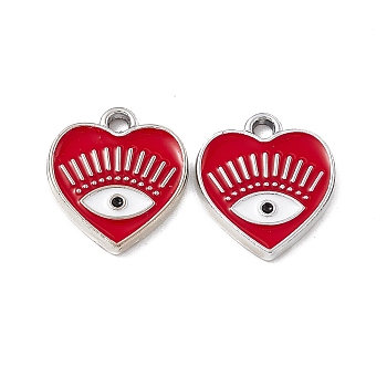 Alloy Enamel Pendants, Platinum, Heart with Eye Charm, FireBrick, 14.5x13x1.5mm, Hole: 1.6mm