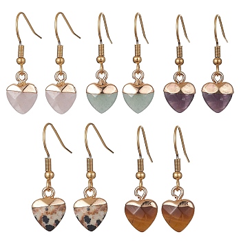 Natural Mixed Gemstone Heart Dangle Earrings, Golden 304 Stainless Steel Earrings, 33x10mm