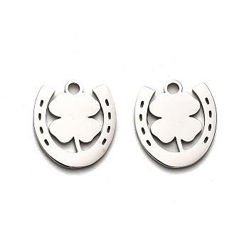 316 Surgical Stainless Steel Charms, Laser Cut, Horseshoe with Clover Charm, Stainless Steel Color, 13.5x12.5x1mm, Hole: 1.6mm