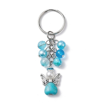 Synthetic Turquoise Keychains, with Acrylic Beads and Iron Split Key Rings, Angel, Platinum, 8cm