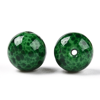 Handmade Normal Lampwork Beads, Round with Fleck, Green, 12mm, Hole: 1.2~1.6mm