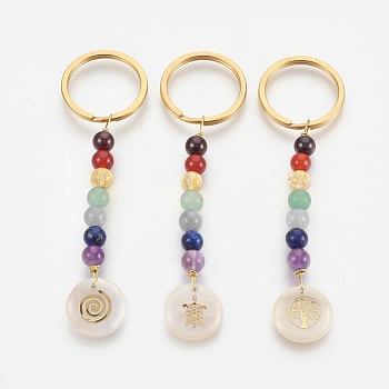 Natural Mixed Gemstone Keychain, with 304 Stainless Steel Split Key Rings and Freshwater Shell Pendants, Golden, 91mm