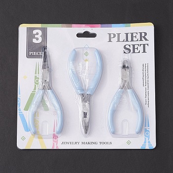 Steel Pliers Set, with Plastic Handles, including Side Cutter Pliers, Round Nose Plier, Needle Nose Wire Cutter Plier, Light Sky Blue, 113~126x48~52x6~10mm, 3pcs/set