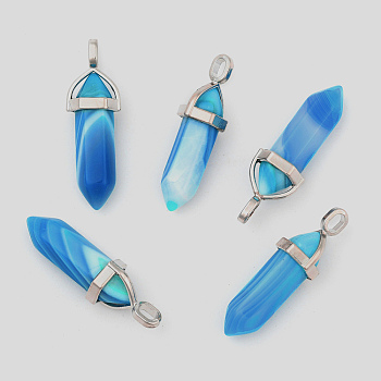 Natural Banded Agate Double Terminated Pointed Pendants, with Random Alloy Pendant Hexagon Bead Cap Bails, Bullet, Platinum, 37~40x12mm, Hole: 3mm