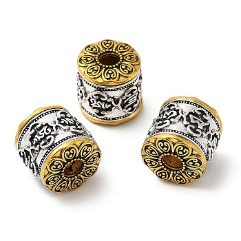 Rack Plating Tibetan Style Alloy Beads, Cadmium Free & Lead Free, Column with Flower, Antique Silver & Antique Golden, 12x11.5mm, Hole: 3.4mm