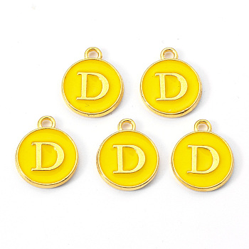 Golden Plated Alloy Enamel Charms, Enamelled Sequins, Flat Round with Letter, Gold, Letter.D, 14x12x2mm, Hole: 1.5mm