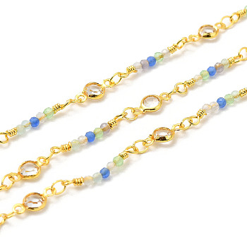 Brass Handmade Beaded Chains, with Glass & Cat Eye Beads, with Spool, Unwelded, Real 18K Gold Plated, 10~19x3~4.5x2mm, about 32.81 Feet(10m)/Roll
