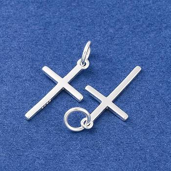 Rack Plating 925 Sterling Silver Pendants, with Jump Rings & 925 Stamp, Cross Charms, Silver, 16x9.5x1.2mm, Hole: 5mm