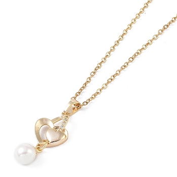 201 Stainless Steel Cable Chain Necklaces, Brass Micro Pave Cubic Zirconia and ABS Pearl Pendant Necklaces, Heart, Real 18K Gold Plated, 15.94 inch(40.5cm)