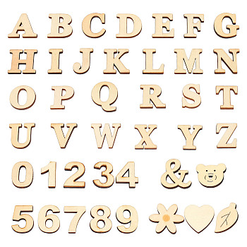 DIY Wood Alphanumeric Sticker Crafts, Mixed A~Z Alphabet & Number0~9 & Other Pattern, for Scrapbooking Decor, Blanched Almond, 38~24.5x33.5~15.5x4mm