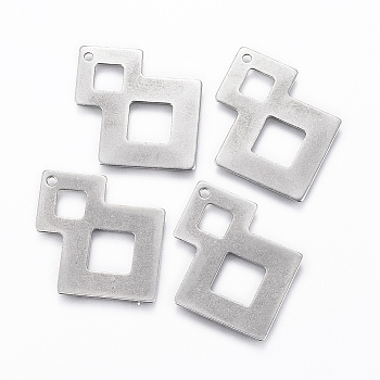 304 Stainless Steel Pendants, Rhombus, Stainless Steel Color, 32x24.5x0.5mm, Hole: 1.5mm