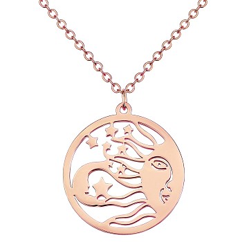 Titanium Steel Celestial Sun Moon and Star Pendant Necklace, Lucky Motif Amulet Necklace, Flat Round Hollow Necklace Jewelry Gift for Women, Rose Gold, 17.72 inch(45cm)