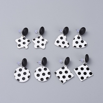 Dangle Stud Earrings, with Cellulose Acetate(Resin) Pendants, Imitation Leather Covered Cabochons and Stainless Steel Stud Earring Findings, Polka Dot, Black, 43~46mm, Pin: 0.7mm