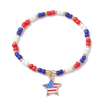 Glass Seed Beaded Stretch Bracelet, Independence Day Bracelet with Alloy Enamel Star Charms, Colorful, Inner Diameter: 2 inch(5.2cm)