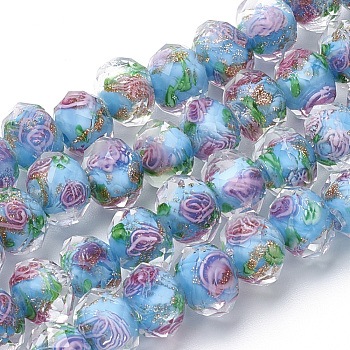 Handmade Gold Sand Lampwork Beads Strands, Inner Flower, Faceted Rondelle, Deep Sky Blue, 9~10x7~8mm, Hole: 1.5~2mm, about 60pcs/strand, 17.3 inch