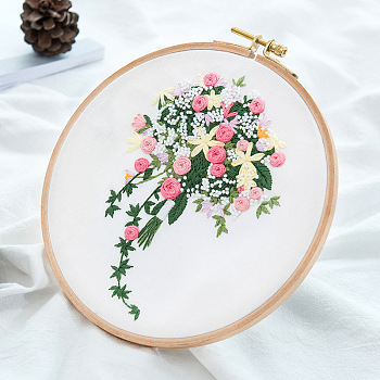 DIY Bouquet Pattern 3D Ribbon Embroidery Kits, Including Printed Cotton Fabric, Embroidery Thread & Needles, Colorful, 300x270mm