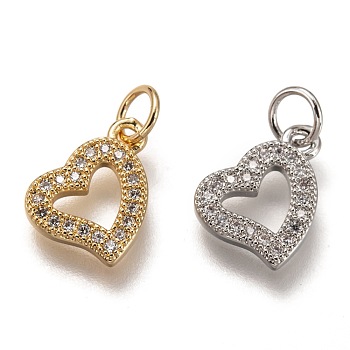 Brass Micro Pave Clear Cubic Zirconia Charms, Cadmium Free & Lead Free, Long-Lasting Plated, Heart, Mixed Color, 9x12x2mm, Hole: 3mm