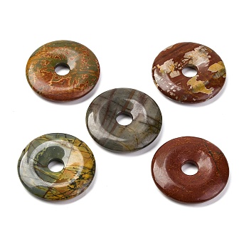 Natural Polychrome Jasper/Picasso Stone/Picasso Jasper Pendants, Donut/Pi Disc Charms, 40x6.5mm, Hole: 8.5mm