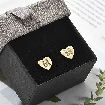 Rack Plating Brass Micro Pave Clear Cubic Zirconia Stud Earrings, Heart, Letter M, 8.5x9.5mm