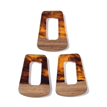 Resin & Wood Pendants, Hollow Trapezoid Charms, Saddle Brown, 38x27x3mm, Hole: 2mm