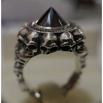 Jet Rhinestone Cone Chunky Finger Ring, Alloy Skull Gothic Ring for Men Women, Antique Silver, US Size 9(18.9mm)
