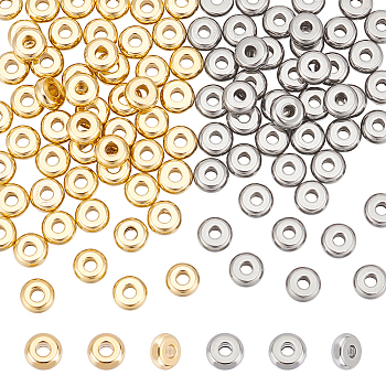100Pcs 2 Style 304 Stainless Steel Spacer Beads, Rondelle & Flat Round, Real Gold Plated & Stainless Steel Color, 5x2mm, Hole: 1.5mm, 50pcs/style