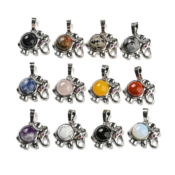 Natural & Synthetic Mixed Gemstone Pendants, Rack Plating Brass Elephant Charms, Platinum, Cadmium Free & Lead Free, Mixed Dyed and Undyed, 26mm, Elephant: 18x21x8mm, Hole: 8x5mm
