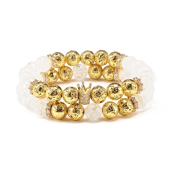 Natural Crackle Quartz & Lava Rock Round Beads Stretch Bracelets Set, Crown Brass Cubic Zirconia Beads Bracelets for Women, Golden, Inner Diameter: 2-1/8 inch(5.5cm), 2pcs/set