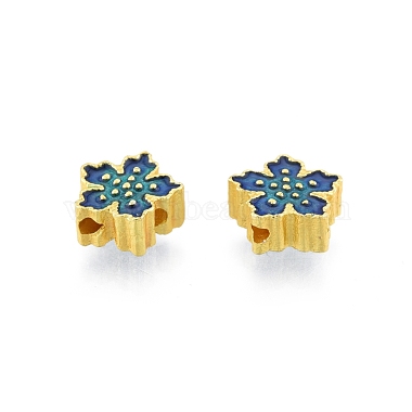 Matte Gold Color Marine Blue Flower Alloy+Enamel Beads