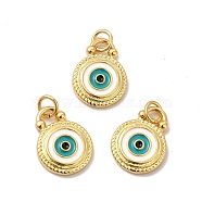 Rack Plating Brass Enamel Pendants, with Jump Rings, Long-Lasting Plated, Lead Free & Cadmium Free, Flat Round with Evil Eye Charm, Real 18K Gold Plated, 16x12x2.5mm, Hole: 3.5mm(KK-A177-17G)