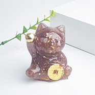 Resin Fortune Cat Display Decoration, with Natural Strawberry Quartz Chips inside Statues for Home Office Decorations, 55x40x60mm(PW-WG70599-07)