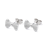 304 Stainless Steel Grooved Bowknot Stud Earrings for Women, Stainless Steel Color, 12.8x8mm, Pin: 0.8mm(EJEW-I285-05P)