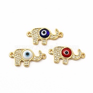 Rack Plating Real 18K Gold Plated Brass Micro Pave Clear Cubic Zirconia Connector Charms, Elephant with Evil Eye Links, with Handmade Lampwork, Cadmium Free & Lead Free, Long-Lasting, Mixed Color, 12x24x4mm, Hole: 1.4mm(ZIRC-L102-05G)