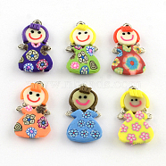 Handmade Zinc Alloy Polymer Clay Little Girl Pendants, Platinum Metal Color, Mixed Color, 27~29x14~15x3~4mm, Hole: 2~3mm(CLAY-Q222-03)
