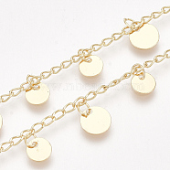 Handmade Brass Curb Chains, with Flat Round Charms and Spool, Soldered, Nickel Free, Real 18K Gold Plated, 3x2x0.4mm, about 32.8 Feet(10m)/roll(CHC-S002-14)