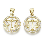 Brass Micro Pave Cubic Zirconia Pendants, Nickel Free, with Snap on Bail, Flat Round with Constellation, Clear, Real 18K Gold Plated, Libra: 17.5x15x2mm, Hole: 4x3mm(ZIRC-S061-199A-G-NF)