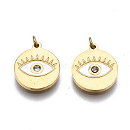 316 Surgical Stainless Steel Enamel Charms, with Jump Rings and Crystal Rhinestone, Real 14K Gold Plated, Flat Round with Eye, White, 11.5x10x1mm, Jump Ring: 2.7x0.4m, 1.9mm inner diameter(STAS-S116-381B-G)