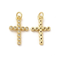 Brass Micro Pave Cubic Zirconia Pendants, with Jump Ring, Religion Flower Cross Charm, Real 18K Gold Plated, 20x13x2.5mm, Hole: 3.3mm(KK-E068-VB256)