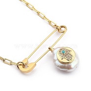 Natural Pearl Pendant Necklaces, with 201 Stainless Steel Safety Pins and Cardboard Box, Flat Round with Hamsa Hand, Golden, 15.55~16.14 inch(39.5~41cm)(NJEW-JN03018-01)