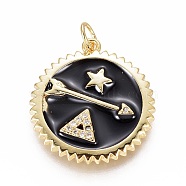 Brass Micro Pave Cubic Zirconia Pendants, with Enamel and Jump Ring, Flat Round with Arrow & Star & Triangle, Clear, Black, 23x21x2mm, Hole: 3mm(ZIRC-L083-009G)