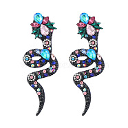 Sparkling Rhinestone Snake Dangle Stud Earrings, Gunmetal Alloy Long Drop Earrings for Women, Colorful, 81x29mm(EJEW-PW0003-09A)