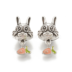 Alloy European Bunny Dangle Charms, Large Hole Pendants, with Enamel, Rabbit with Carrot Charms, Light Salmon, Antique Silver, 20mm, Hole: 4.5mm, 7x7mm(MPDL-S066-033)