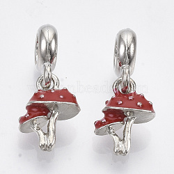 Alloy European Dangle Charms, with Enamel, Large Hole Pendants, Mushroom, Red, Platinum, 25mm, Hole: 5mm, Mushroom: 14.5x10.5x6.5mm(MPDL-T004-17P)