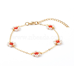 Shell Pearl & Acrylic Beads Flower Link Bracelets, with Brass Cable Chains, Golden, Red, 2mm, 7-1/4 inch(18.4cm)(X1-BJEW-TA00003-01)