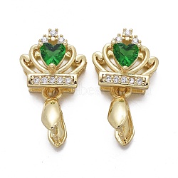 Brass Micro Pave Cubic Zirconia Ice Pick Pinch Bails, Long-Lasting Plated, Crown, Green & Clear, Real 18K Gold Plated, 19x10.5x7mm, Hole: 2x4mm, Pin: 0.7mm.(KK-K244-45G)