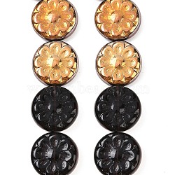 Czech Pressed Glass Beads, Flat Round with Flower, Black, 18x5.5mm, Hole: 1mm, about 30pcs/bag(GLAA-I061-48B)